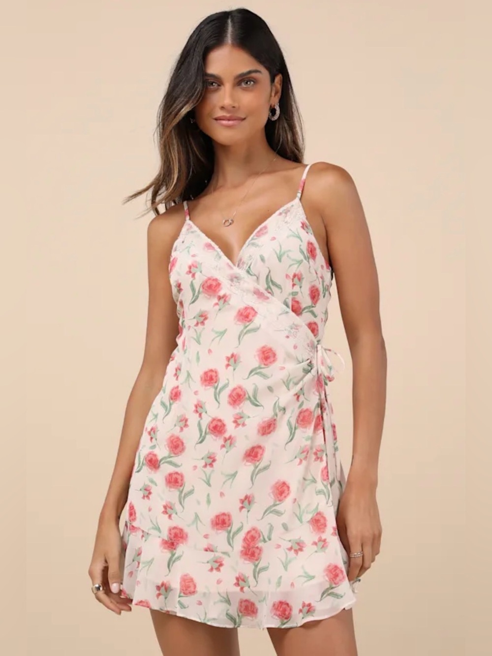 NWT Lulu’s Beige and Pink Floral Lace Wrap Mini Dress - Large